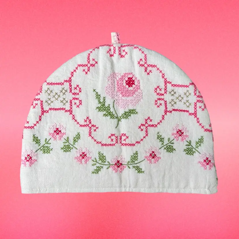 Vintage Cross Stitch Embroidered Tea Pot Kettle Cosy Cover, Floral Pattern