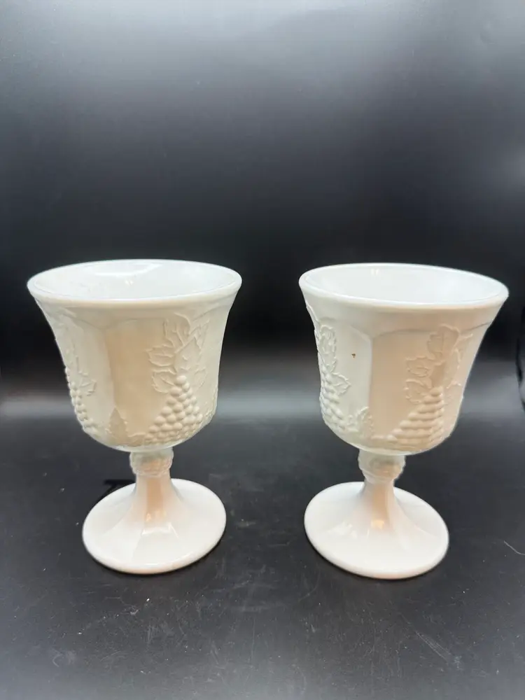 Pair Of Indiana Glass Colony Harvest Grape Milk Glass Goblets