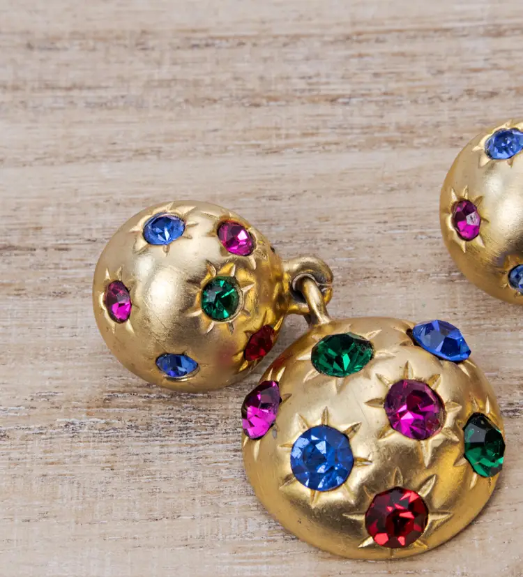 1980s Colorful Rhinestone Drop Dangle Earrings Gold Metal Clip On Backs