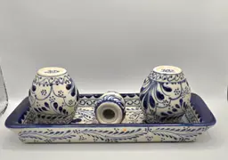 Tonala Mexican Tequila Set. Tray, Cups & Salt Shaker. Cobalt Design. 8.5"x 3.5"