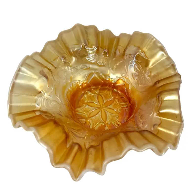 Peach Opalescent Carnival Glass Ruffled Bowl