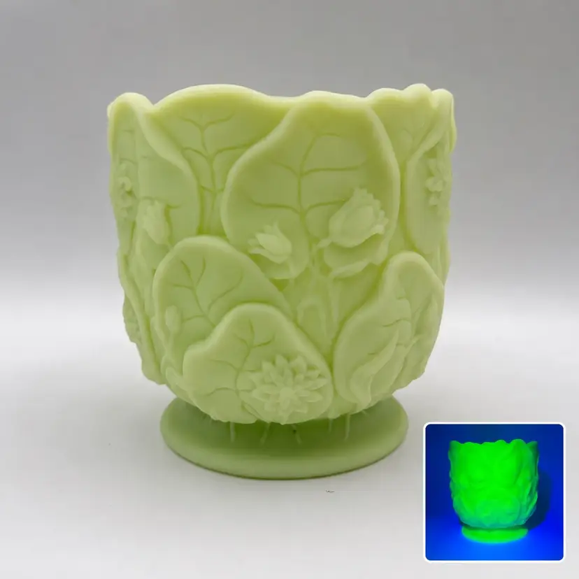 FENTON Green Satin Uranium Glow Glass Water Lily Vase Planter