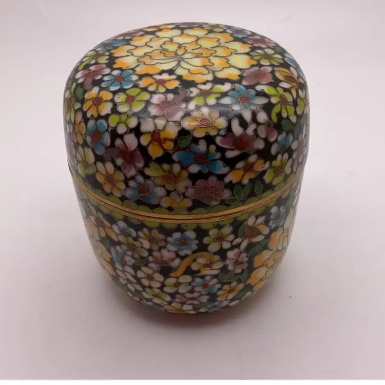 FFF VTG Cloisonne Trinket Box or Match Holder with Flowers  2.75” x 2.75”