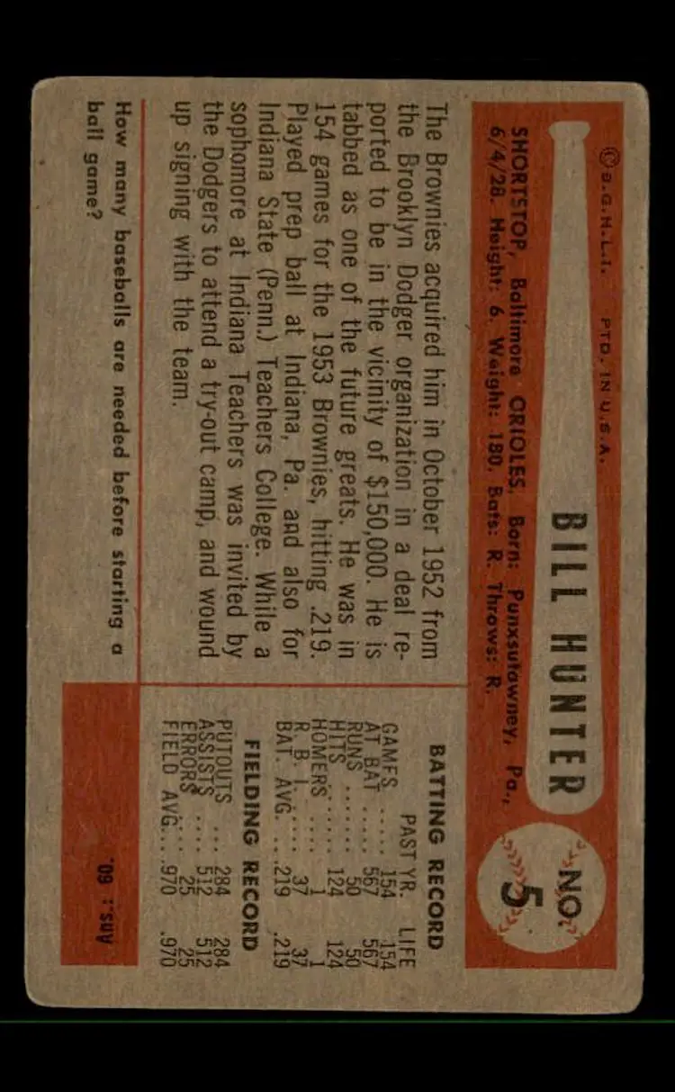 1954 Bowman #5 Billy Hunter - (pk-tl3) - Baltimore Orioles