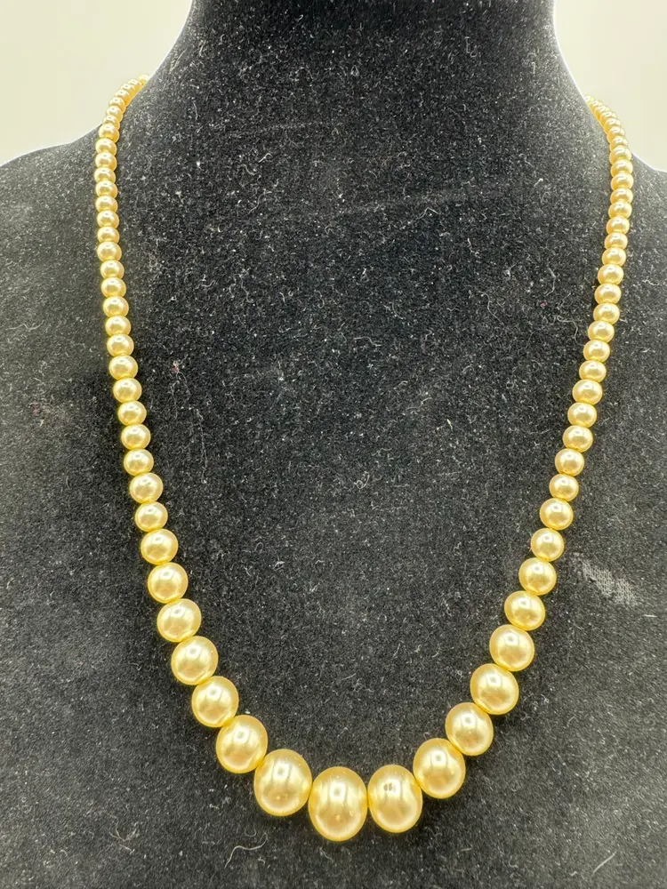 # 57 Vtg. Pre 1976 Graduated Faux Pearl Necklace 3 Emerald Cut Stone Clasp Marked Sterling 16”