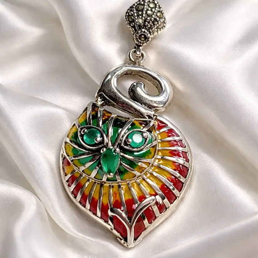 Sterling Silver Plique a Jour Colorful Cat Pendant, 2"