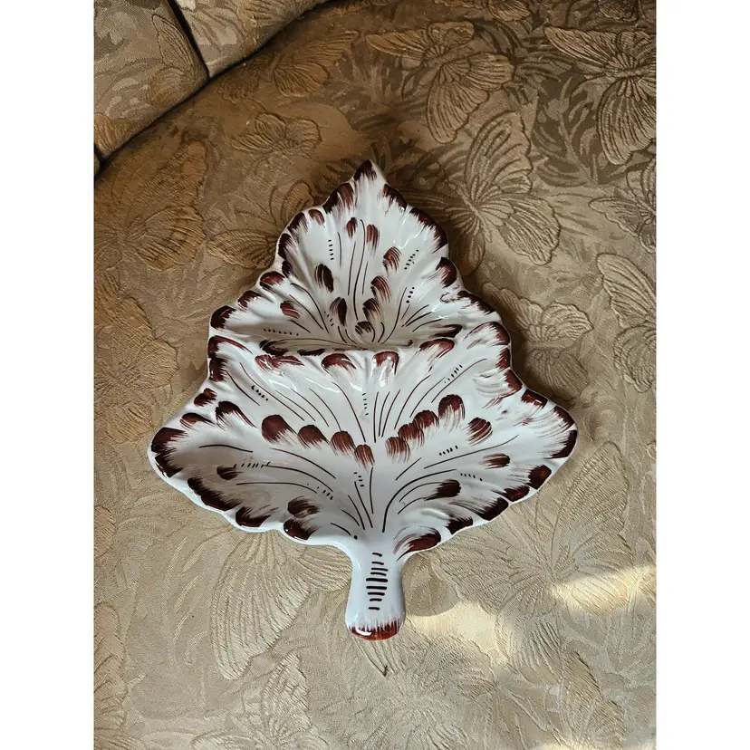 Vintage Italian Two Section Leaf Shaped Platter, 1980’s Italy leaf plate, hand painted