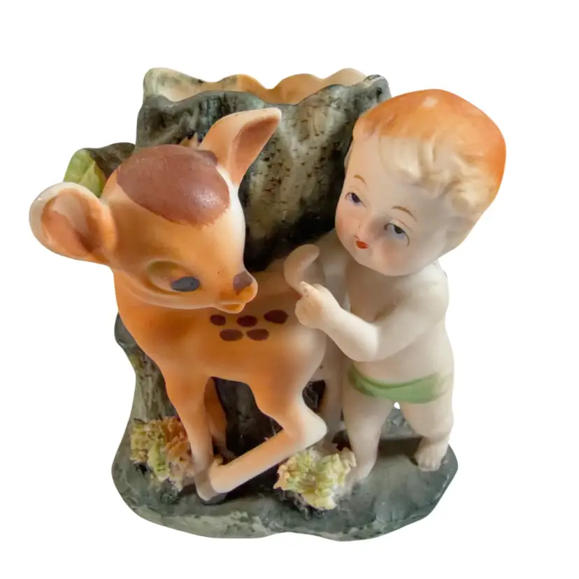 Vintage Japan Ceramic Little Angel with a Fawn Planter Vase 3.5” x 3”