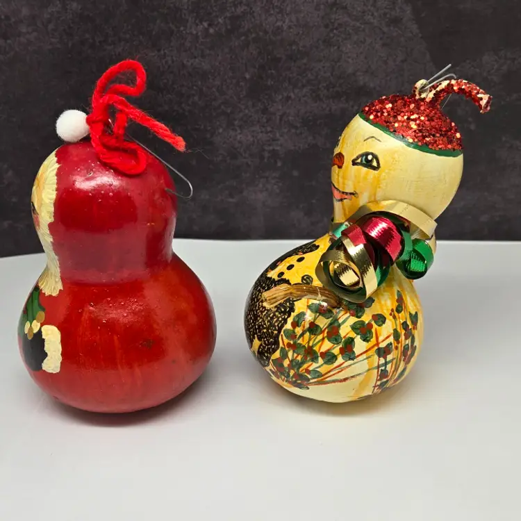 Vintage Snowman and Santa Christmas Gourd Ornaments, Hand Painted, Signed 1990s
