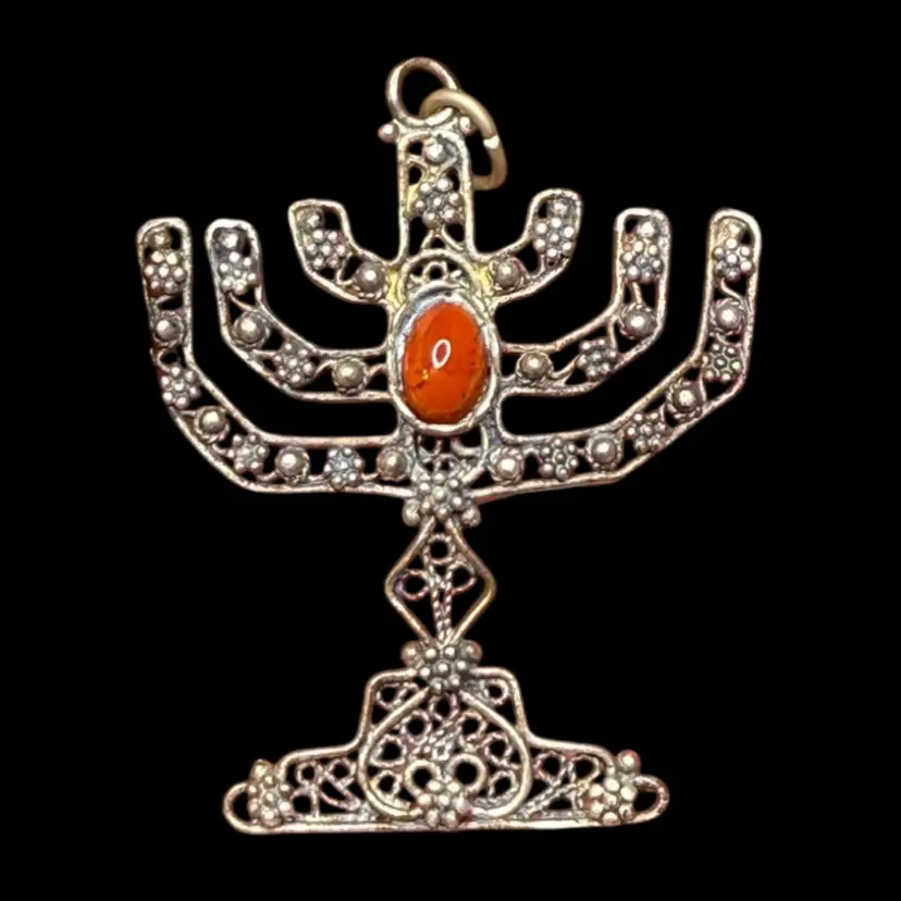 Antique Rare Handmade Sterling Silver Cannetille Judaica Menorah Pendant, 2” 5.3g