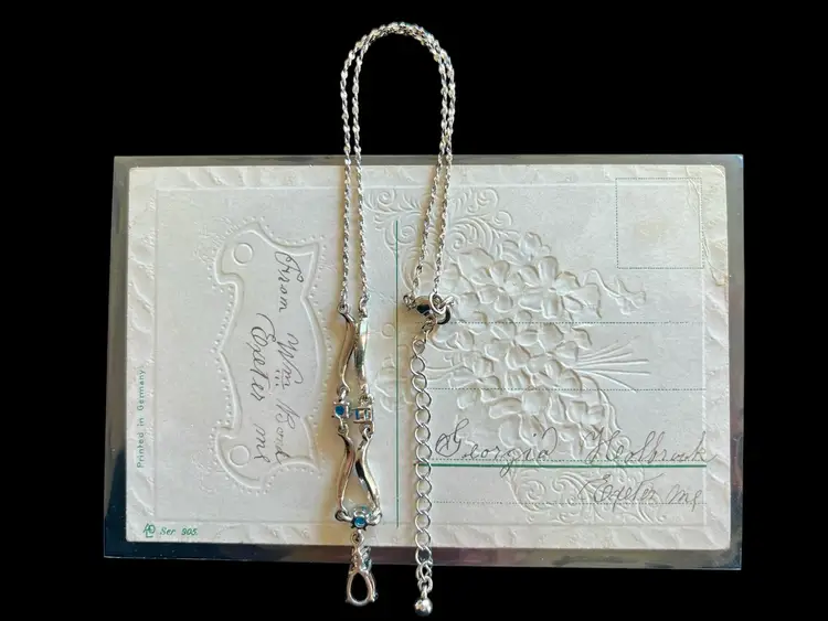 Vintage Blue Gemstone Marked NR 18” Necklace & Early 1900 Printed In Germany Postcard