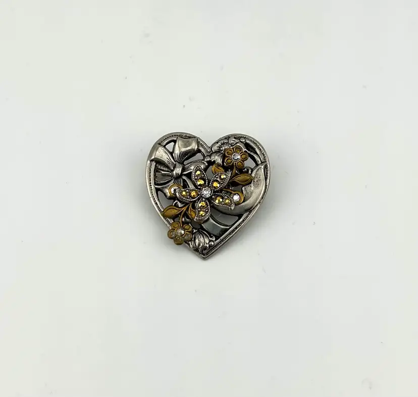 Vintage Cara Stimmel Brass and Silver Tone Rhinestone Heart Brooch 1.5”