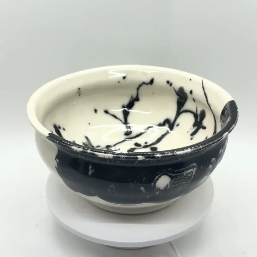 Studio Art Pottery Handmade Black & White Splatter Marble Bowl 6.5 Artist Signed