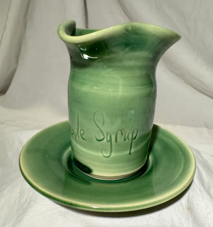 Su Chi Pottery green maple syrup pitcher and saucer