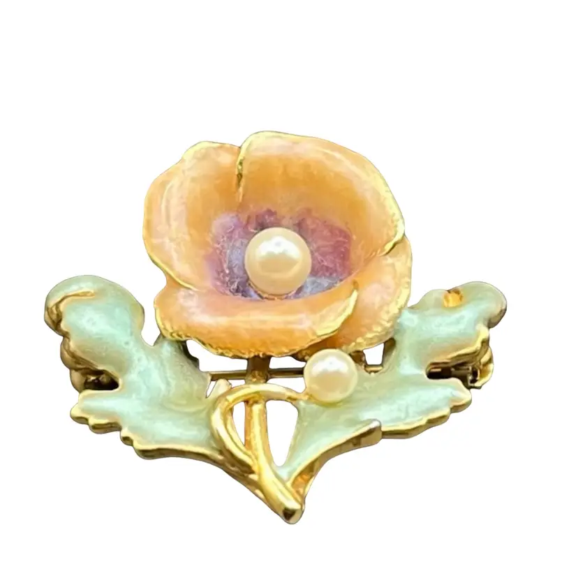 Joan Rivers Vintage Floral Brooch Gold Tone Enamel Faux Pearl Petite Signed