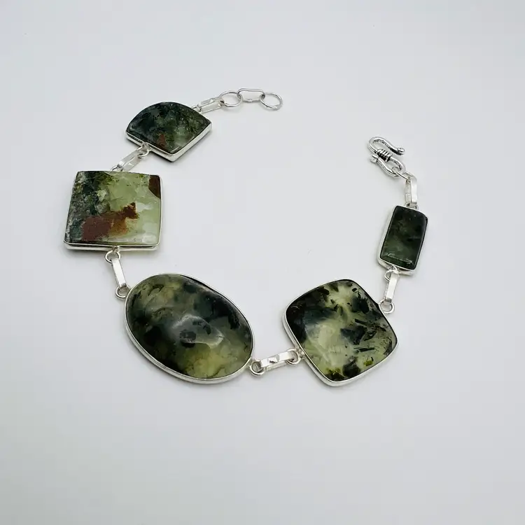 Handcrafted 5-Stone Prehnite Bracelet in Sterling Silver Finish