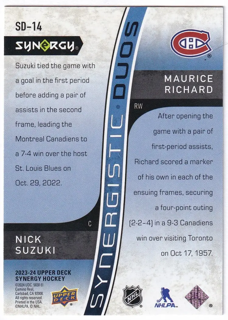 2023-24 Synergy Synergistic Duos Star Legend Green #SD14 Nick Suzuki / Maurice Richard Montreal Canadiens Hockey Card