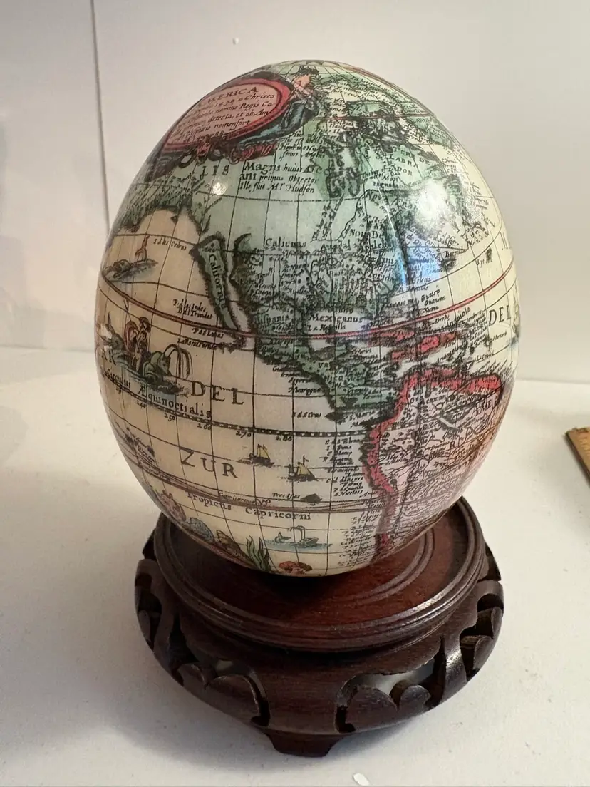 Decoupaged Ostrich Egg Of World Map