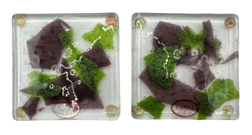 Set of 2 Art Glass Coasters Purple Green Square Lattas Newport Oregon 3.75”