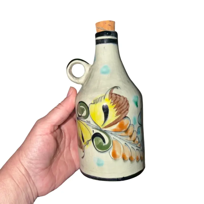Vintage Tonala Mexican Ceramic Jug With Cork Fig Botanical Hand Painted Folk Art Pottery Signed 1968