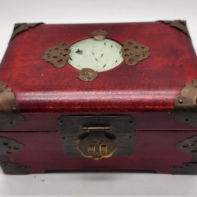 Vintage Chinese Carved Wooden Brass Jade Inlay Green Satin Interior Jewelry Box