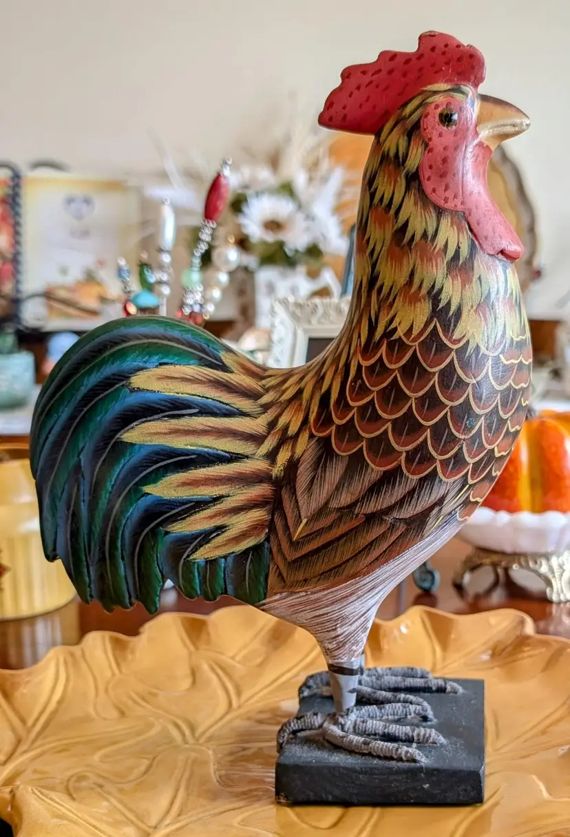 Rustic Folk Art Style Wooden Hen Sculpture Figurine Hand Painted Large Decor