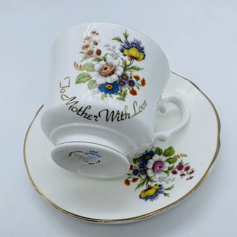 #1704 Vintage To Mother with Love Tea cup and Saucer Bouquet with gold script England