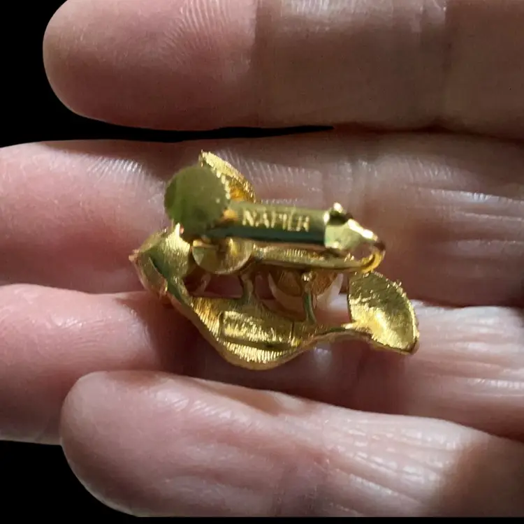 Vintage Goldtone Napier Textured Floral Clip On Earring With Faux Pearls.