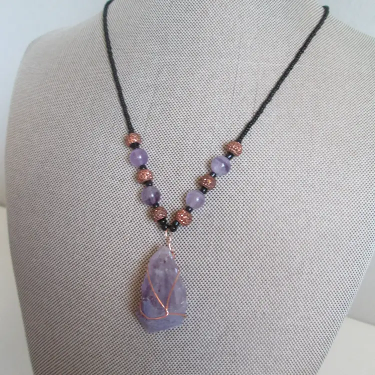 Copper Wire Wrapped Amethyst Crystal Pendant Necklace