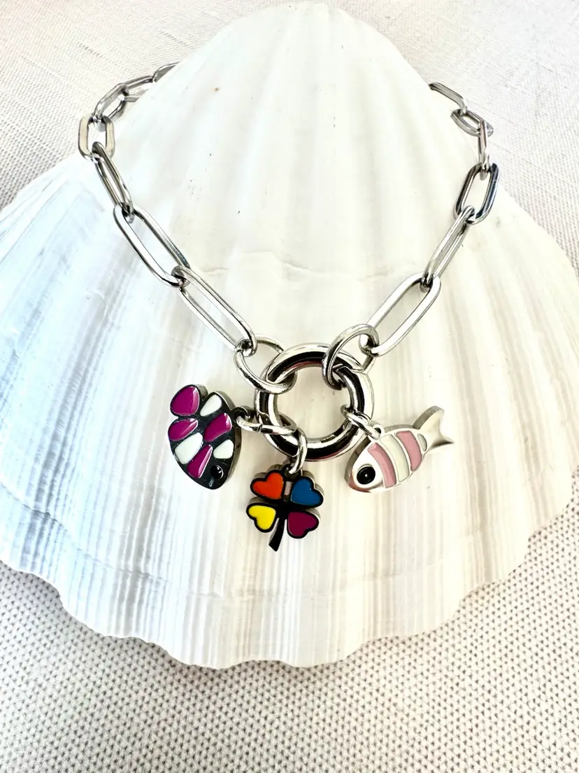 Silver Charm Holder Bracelet With Three Removable Fish Enamel Charms #180
