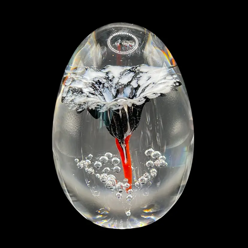 Daum France Blown Art Glass Paperweight Signed Egg Shape Red Black White READ