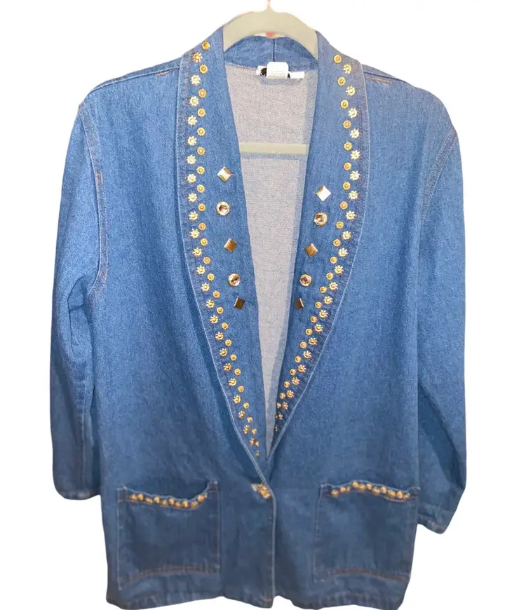 1980s Denim Blazer w Gold Studs Women's Size S/M 