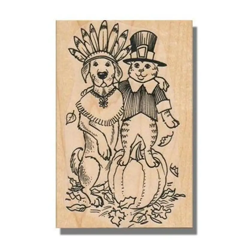 Dog and Cat With Pumpkin Thanksgiving Rubber Stamp
