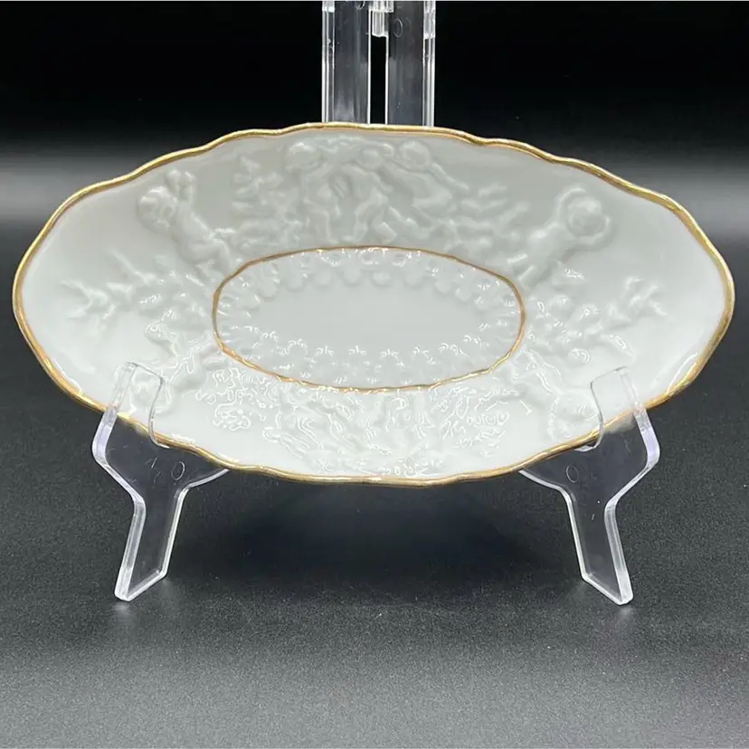 Vintage Enesco Ironstone China White Oval Cherub Gold Trimmed Embossed Dish