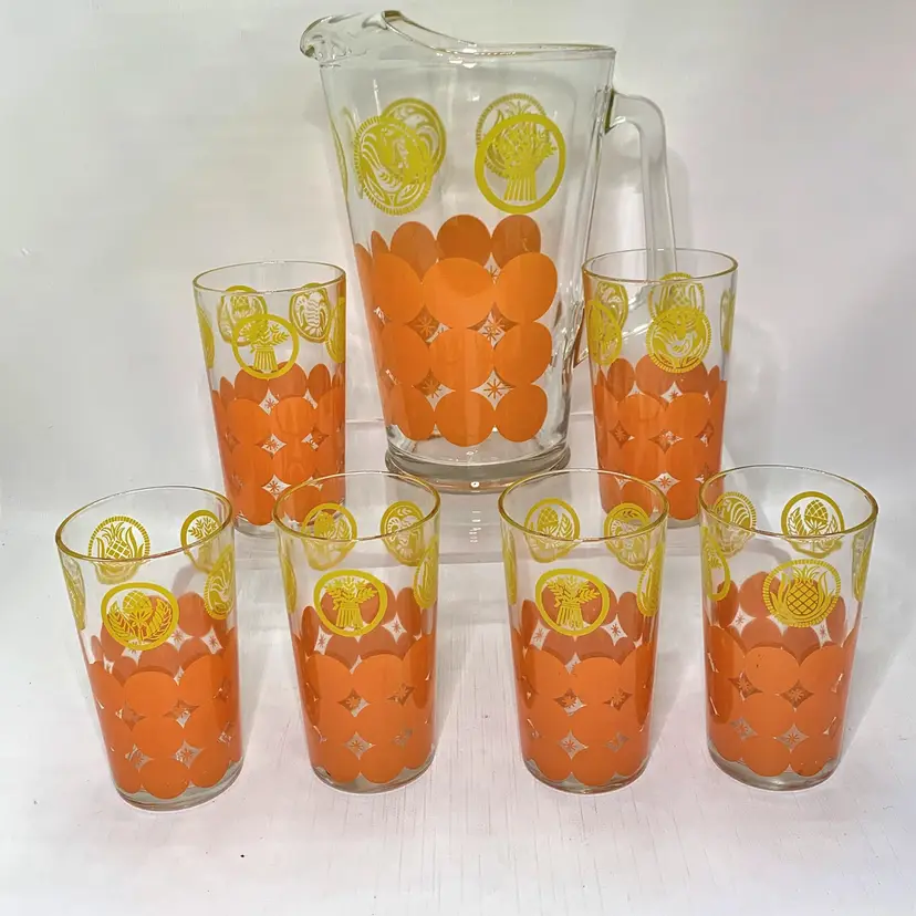 Orange Dot Pitcher Drinking Glasses Medallion Tumblers Bird Wheat Vintage