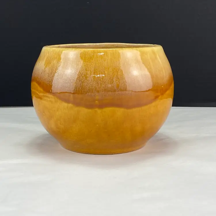 Vintage Retro Pottery Yellow Gold Drip Glaze Flower Pot Planter