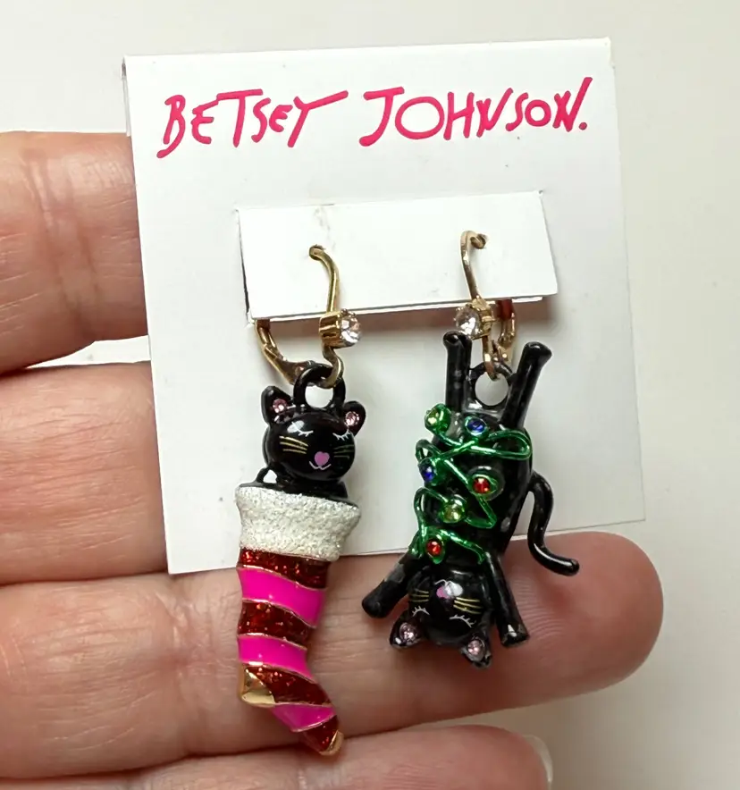 New Betsey Johnson Black Cat Christmas Stocking Lights Mismatch Dangle Earrings