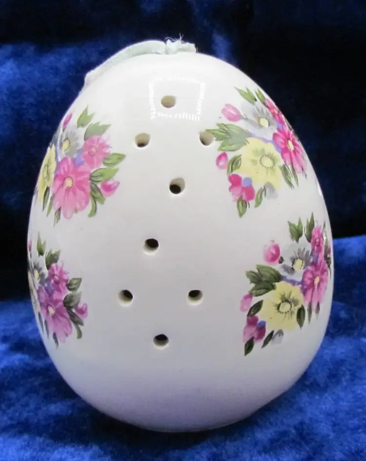 Vintage Porcelain Pomander Potpourri Ornament Sachet~Egg Shape~Floral, Japan