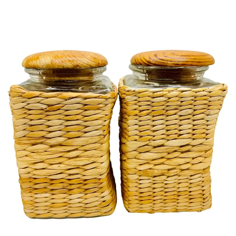 Raffia Wrapped Glass Canister Set PAIR with Wood Lids 6”x4”