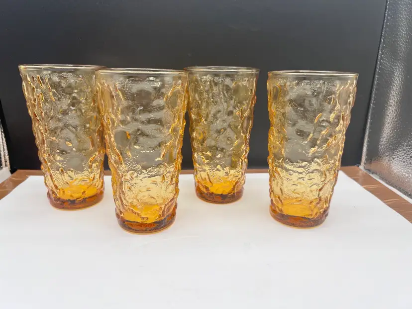 #1020-B Set of Four MCM Vintage Anchor Hocking, Amber Honey Gold Crinkle Glasses/Tumblers