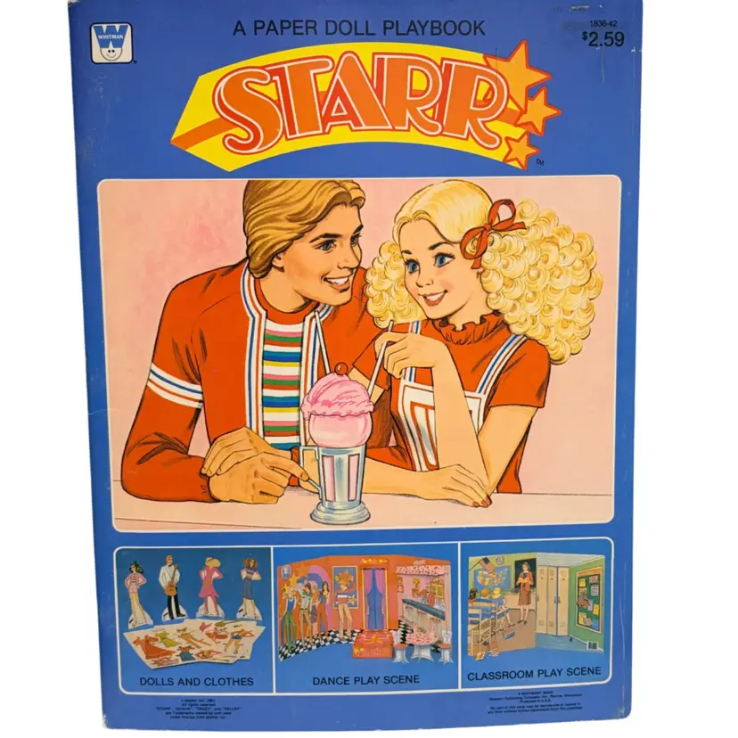 1981 Mattel- Whitman- “Starr Paper Doll Playbook" Scenes: soda shop, a dance party, and a classroom.