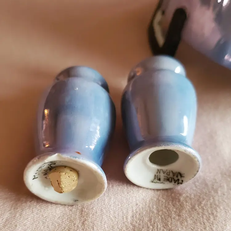 Noritake Japan Blue & Black Lusterware Creamer, Bowl, Salt & Pepper Shakers