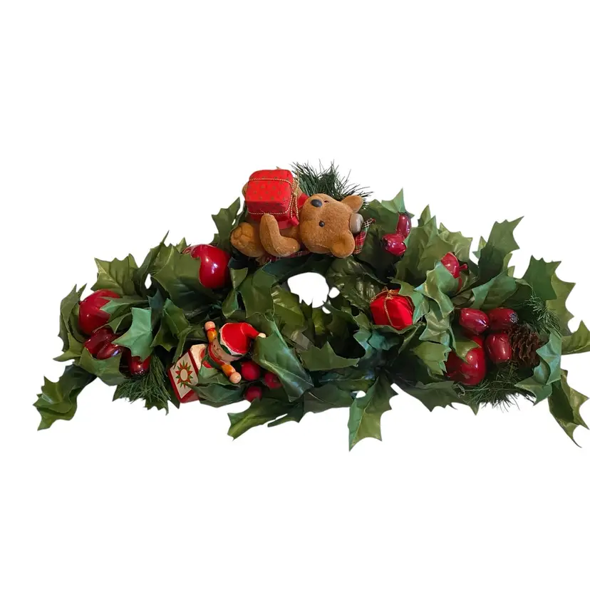Vintage Christmas Holly And Berries Candle Ring Greenery. Felt Bear And Wood Jack N The Box
