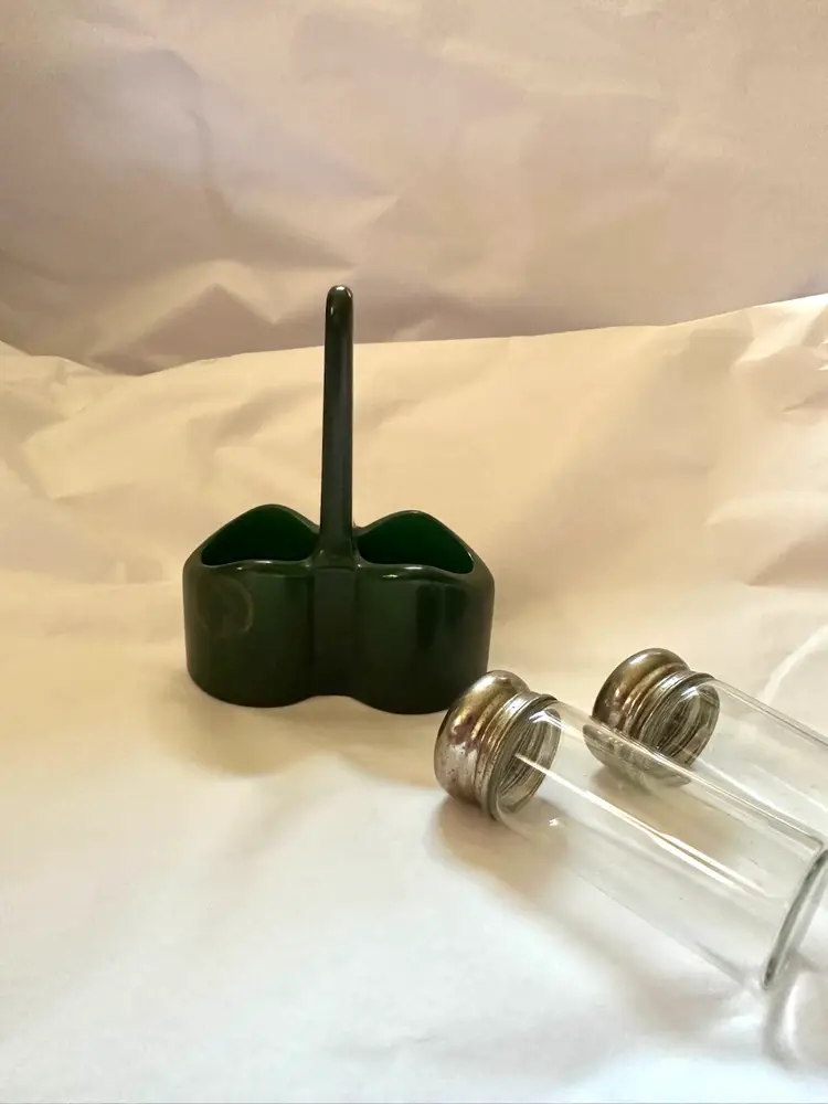 Glass Salt & Pepper Shakers in Green Bakelite Caddy Holder