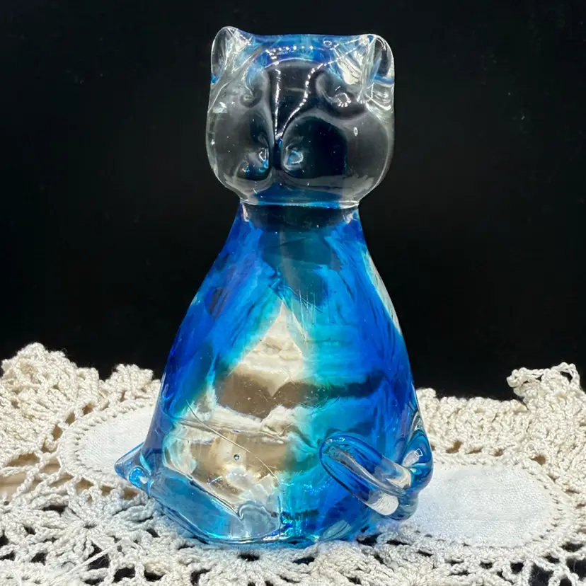 🐞Vtg Clear & Cobalt Blue Glass Sitting Cat Kitten Figurine 4x3.5”