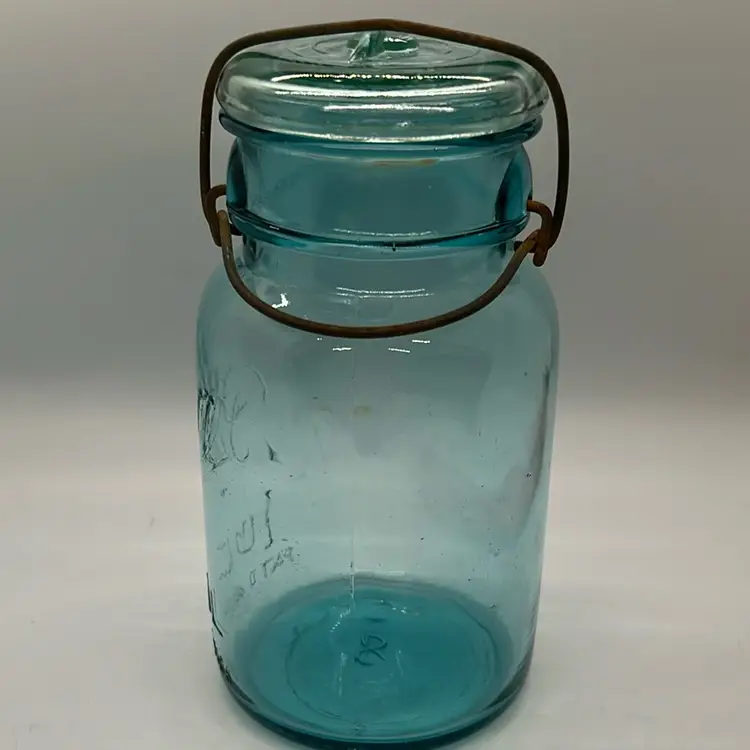 1923-33 Aqua Blue Glass Ball Ideal 1 Quart Canning Jar w/ Lid Wire Side #7 Mold