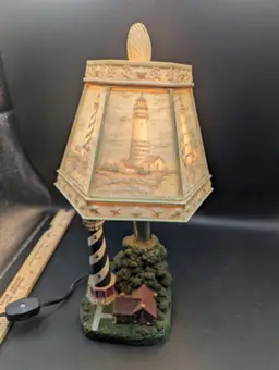 Vintage Nautical Themed Biston Lighthouse Lamp W/Lithopane Shade 11.5”.