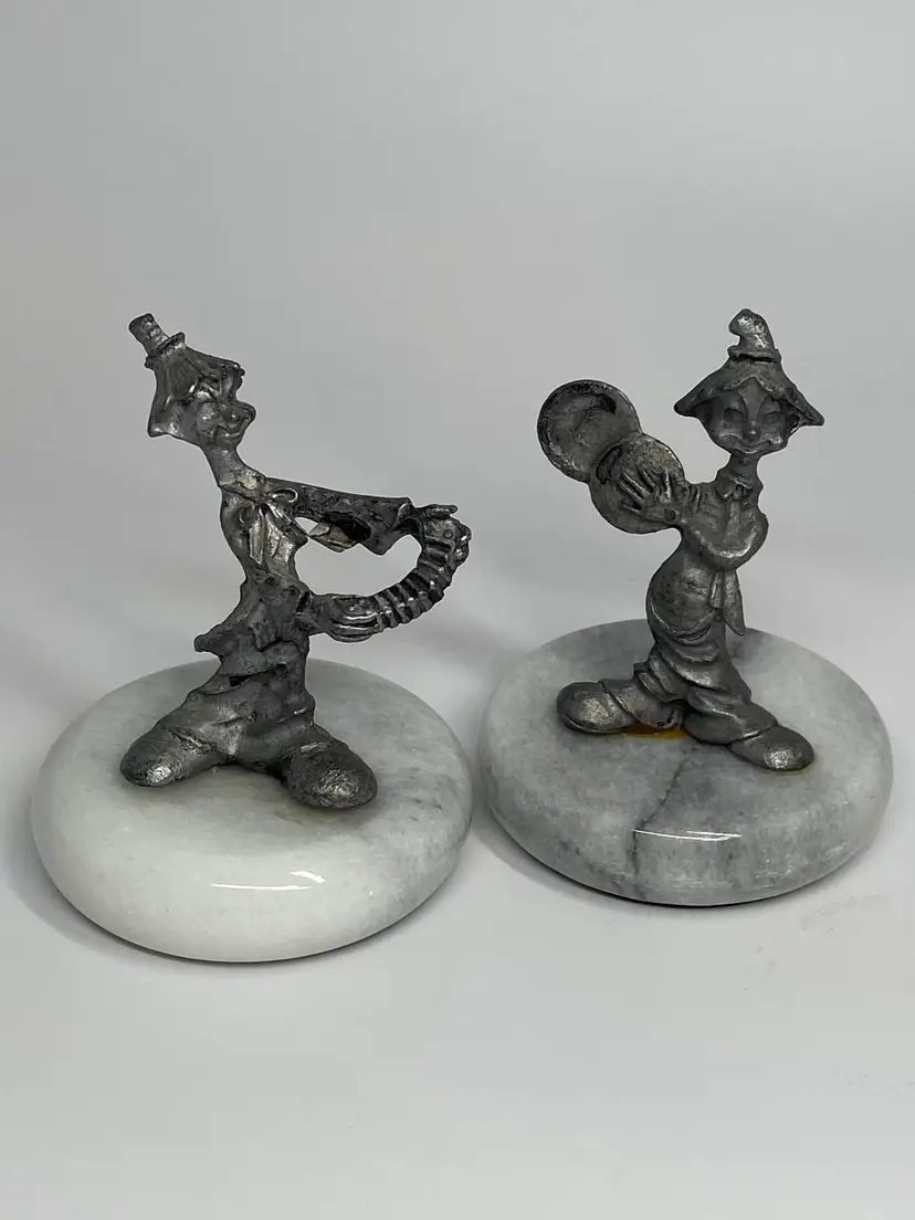 2 Vintage Pewter Clown Figurines on a Marble Base, Playing Cymbals & Accordian