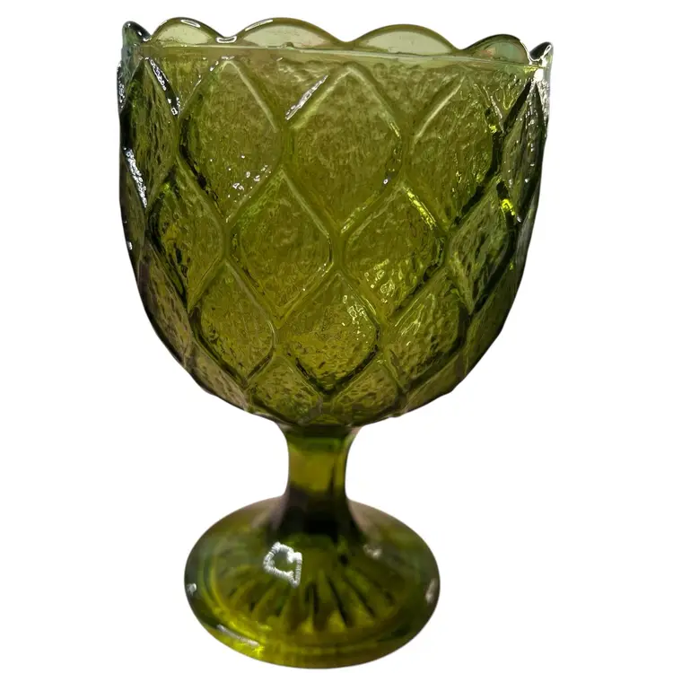 058 vintage quilted green glass goblet planter