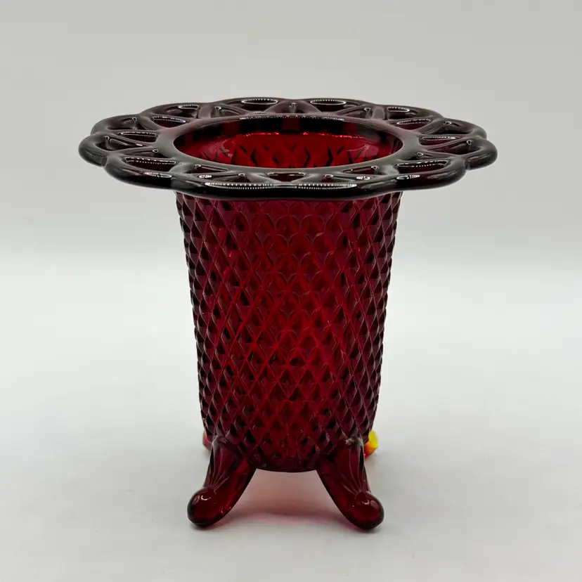 Vintage 1930’s UV Glow Ruby Red Glass Vase, Imperial Diamond Point Pattern With Crimped Rim, Pedestal Footed Design, Laced Edge, By Imperial Glass, Made In Bellaire, OH